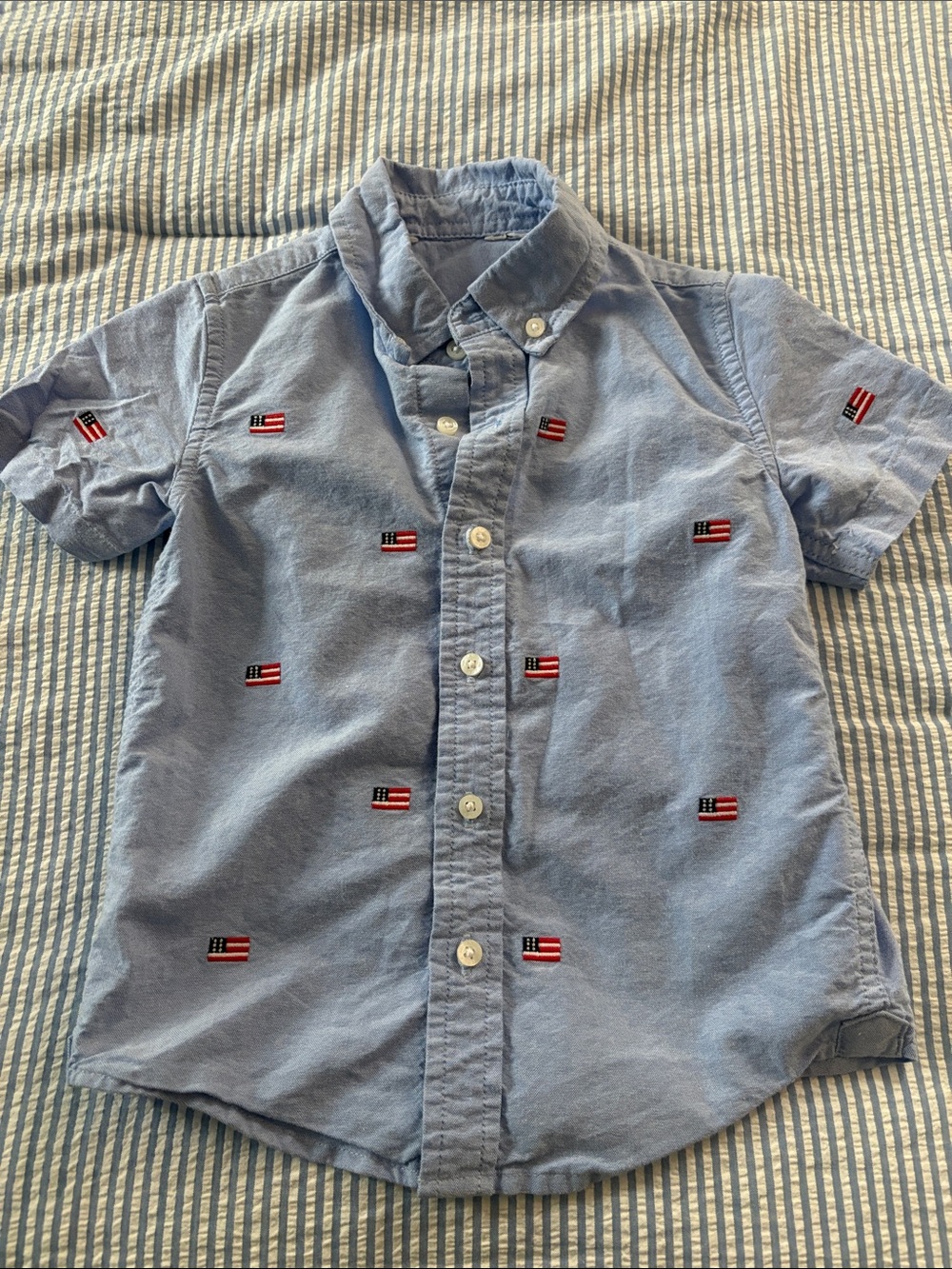 Janie and Jack Light Blue Short-Sleeve Button-Down with Flag Embroidery